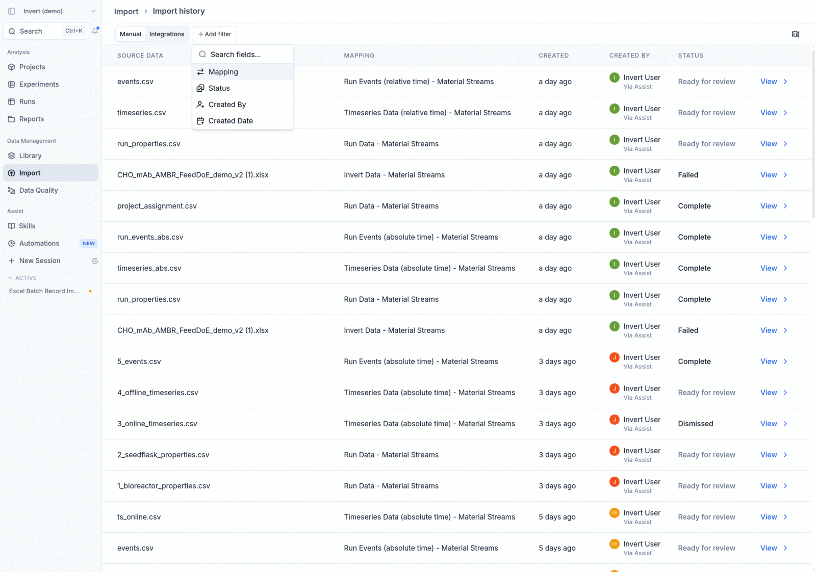 Import History Add filter menu showing Mapping, Status, Created By, and Created Date options