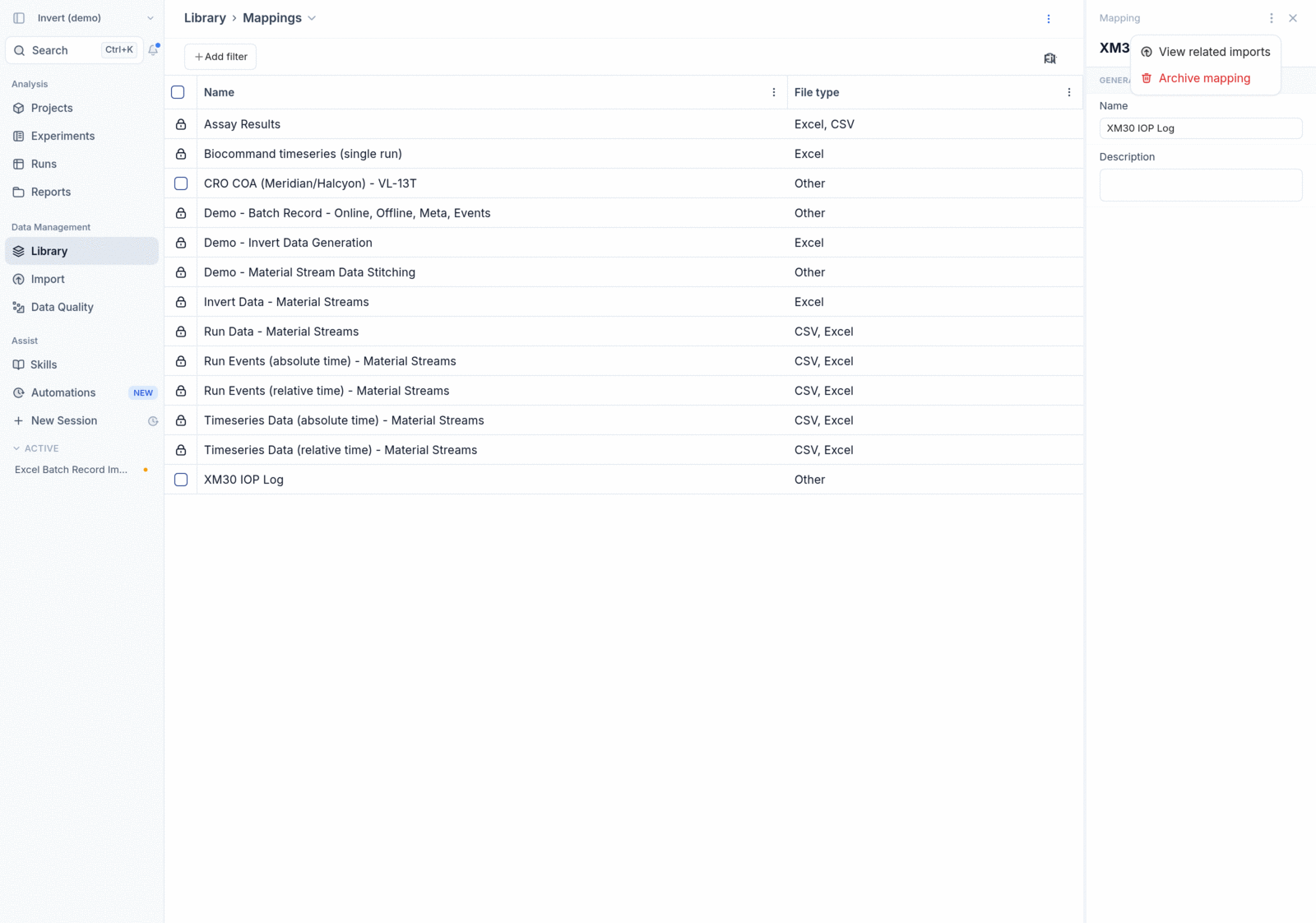 Library mapping side panel with kebab menu showing View related imports and Archive mapping