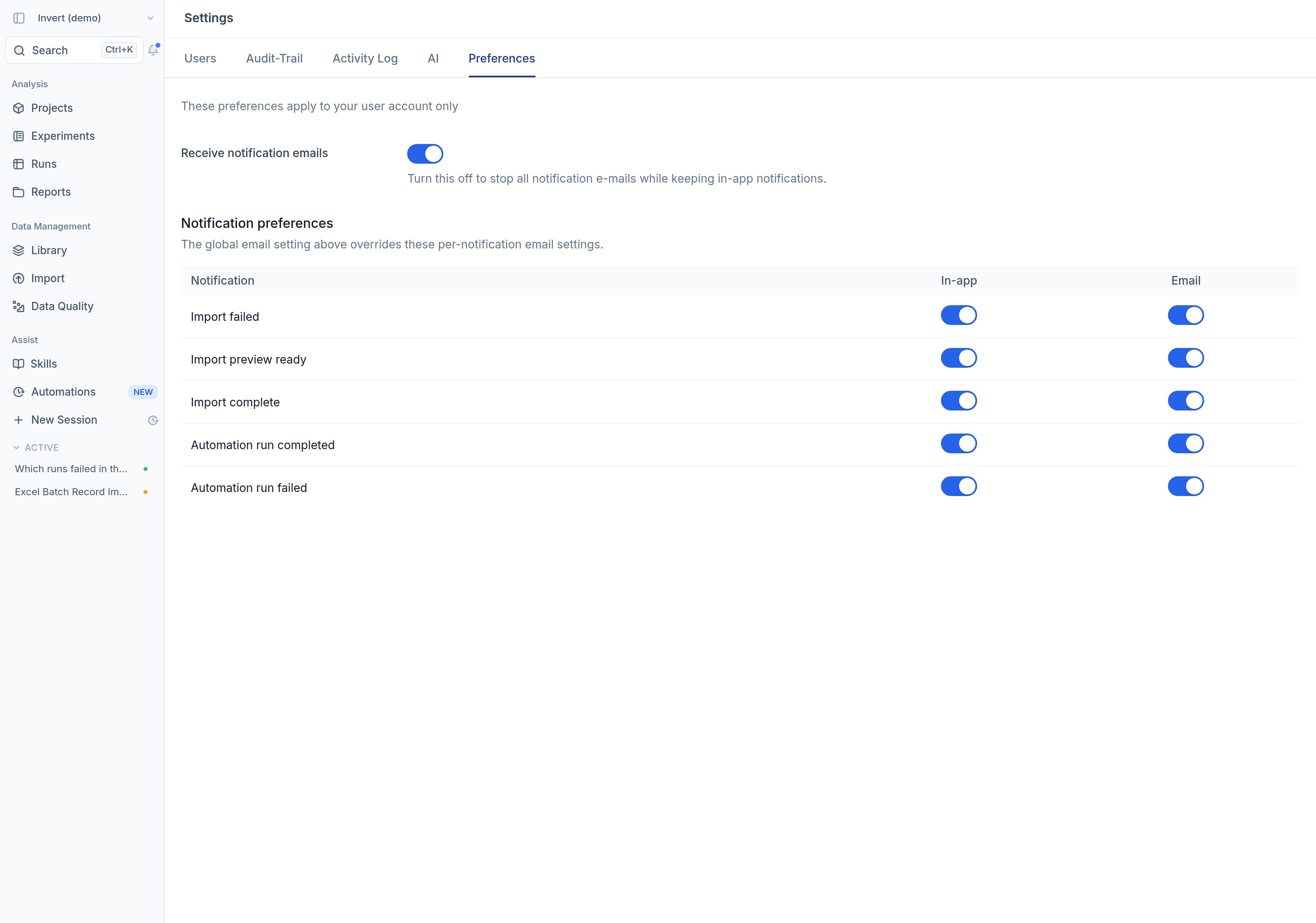 Notification preferences in Settings showing per-notification in-app and email options and the global notification email toggle