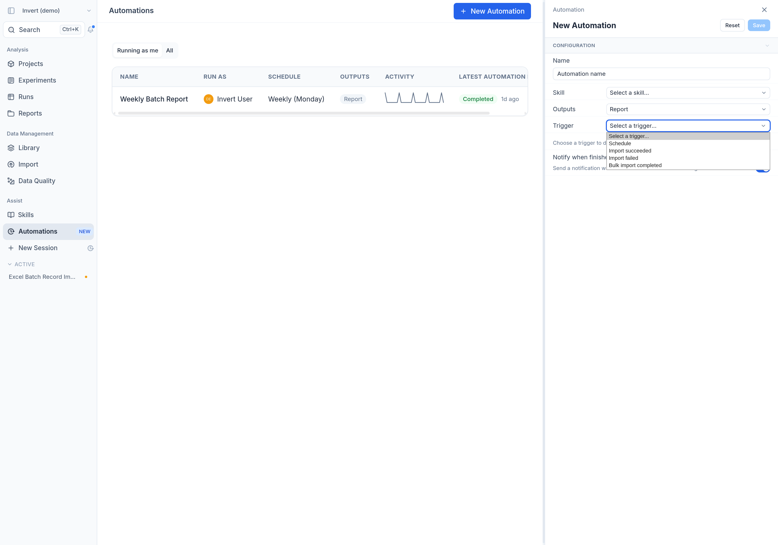 The New Automation panel in Invert with the Trigger selector open, listing Schedule, Import succeeded, Import failed and Bulk import completed