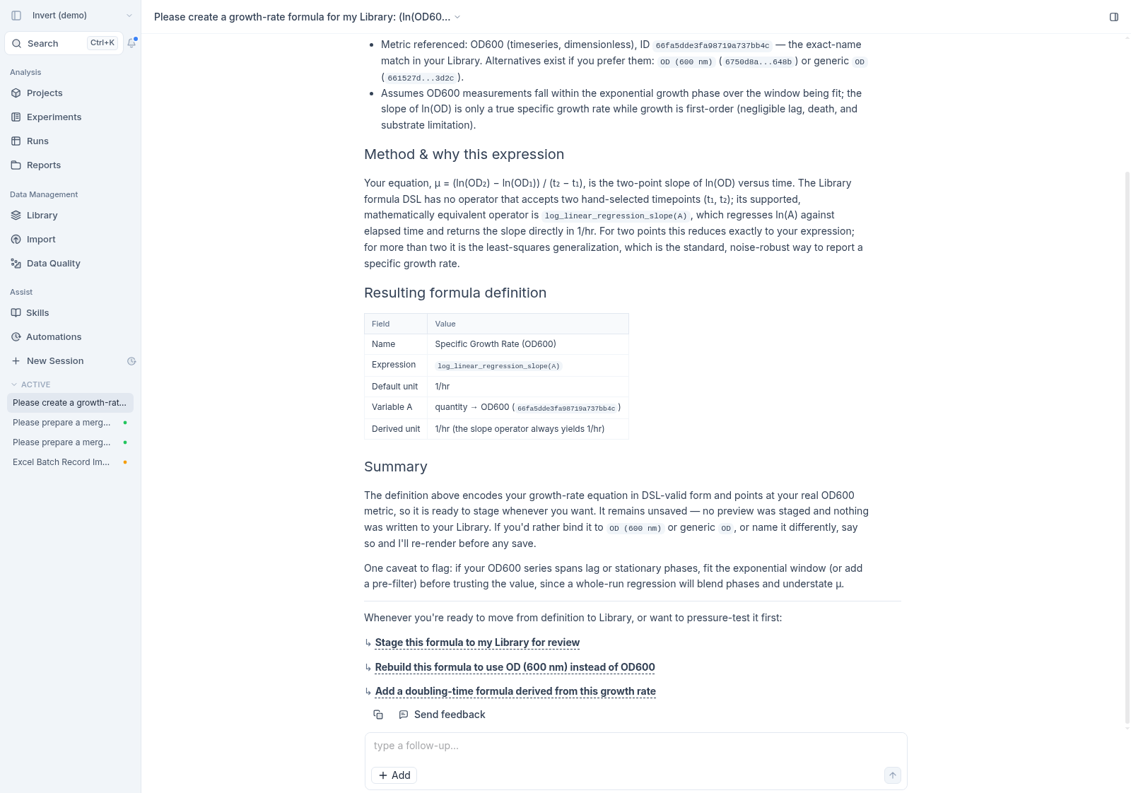 Assist building a growth rate formula and showing the resulting formula definition with its expression and unit