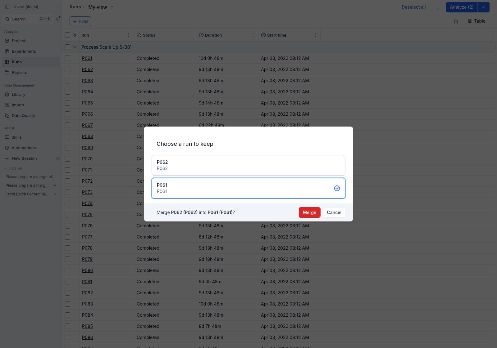 The Choose a run to keep dialog opened from Assist with both runs already selected and the run to keep chosen, ready to confirm