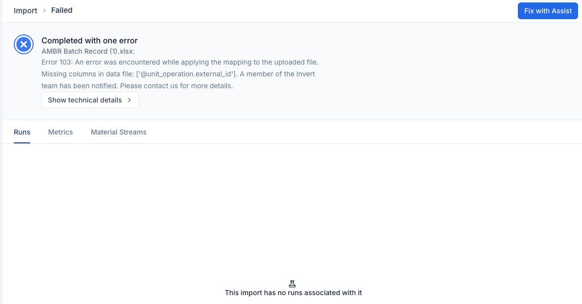 A failed import showing the error that stopped it, with the Fix with Assist button in the top right