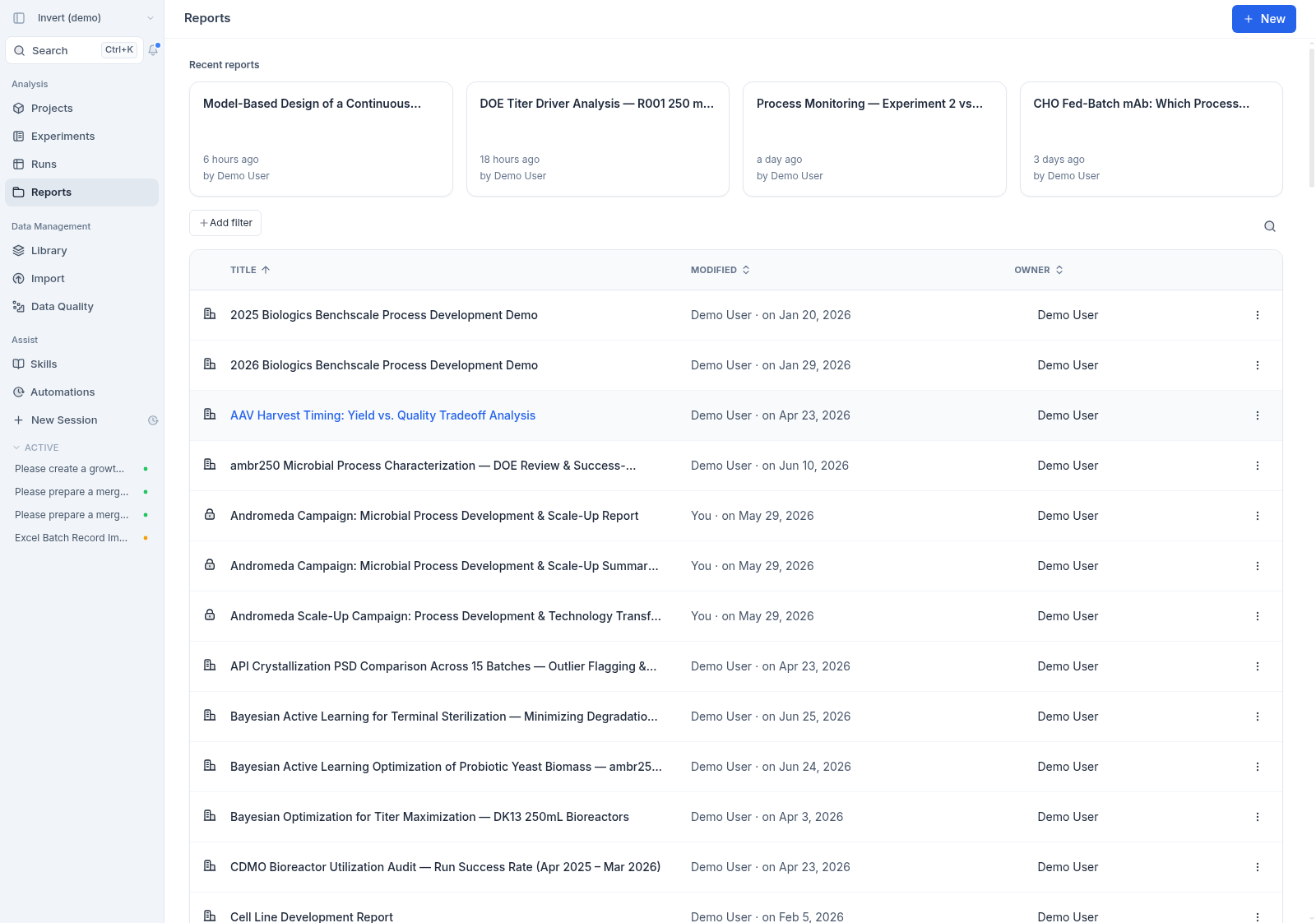 The Reports table sorted alphabetically by the Title column, with the sort indicator on the column header