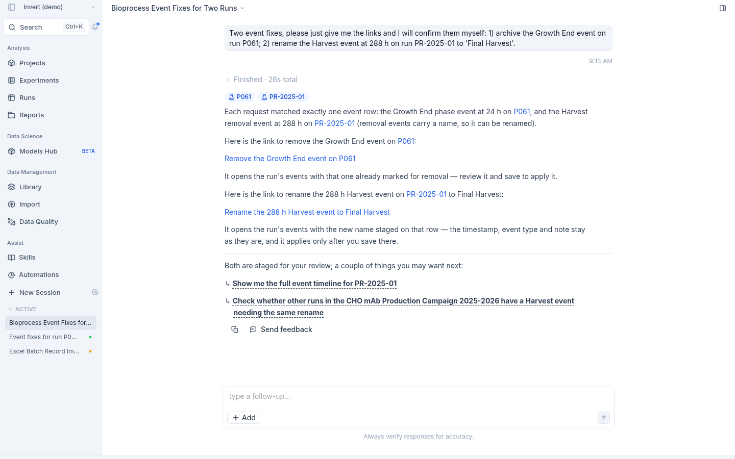 Assist conversation staging two event fixes: a link to remove the Growth End event on run P061 and a link to rename a Harvest event to Final Harvest on run PR-2025-01