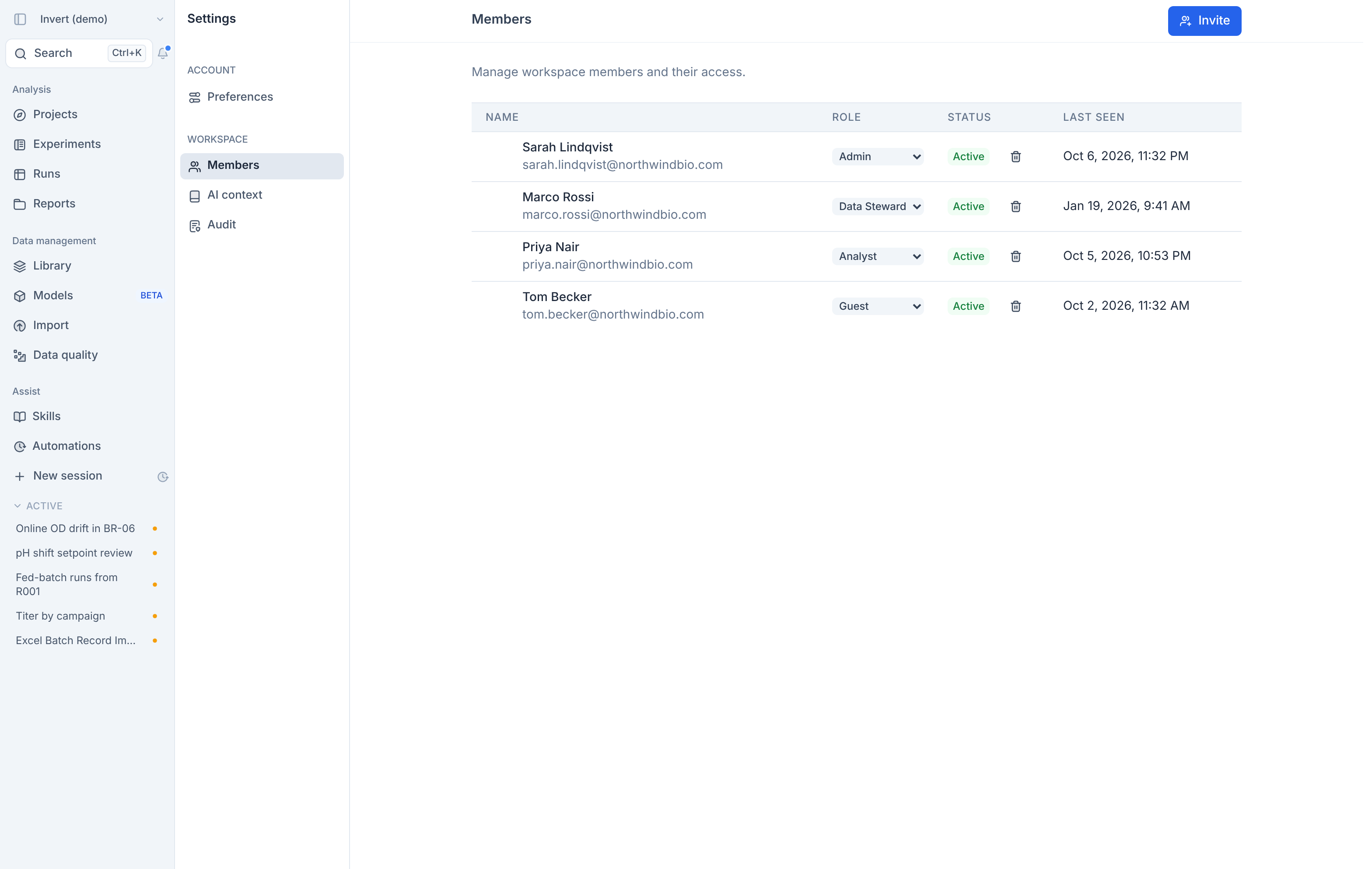 Members settings page with one member for each role: Admin, Data Steward, Analyst, and Guest