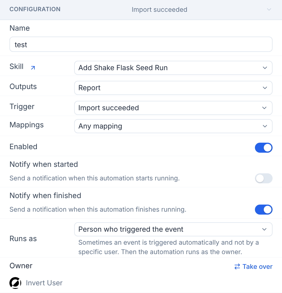 Automation settings panel with Runs as set to Person who triggered the event, and a note that automatic events run as the owner