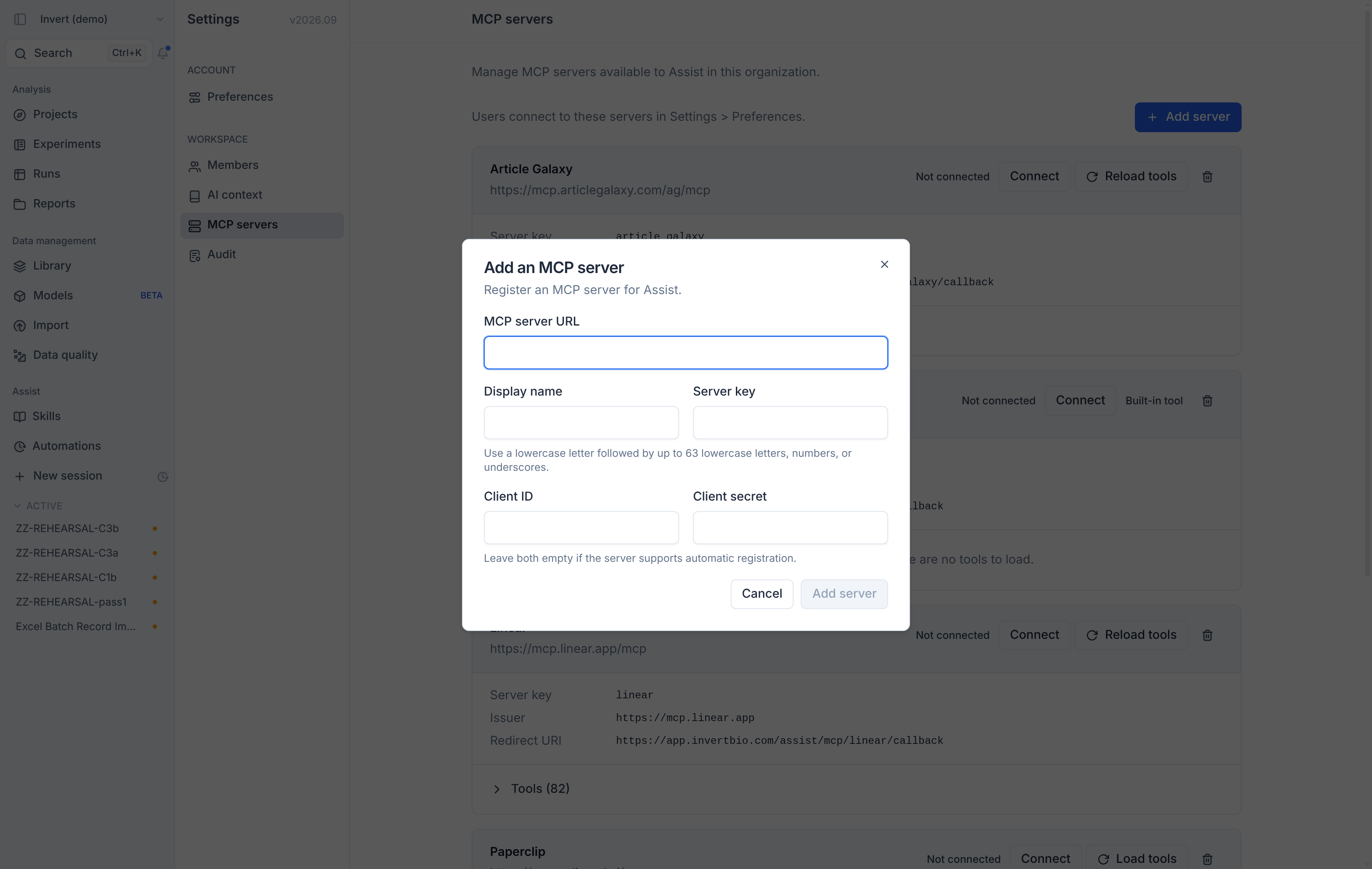 Settings page for MCP servers with the Add an MCP server dialog open, showing fields for the server URL, display name and server key
