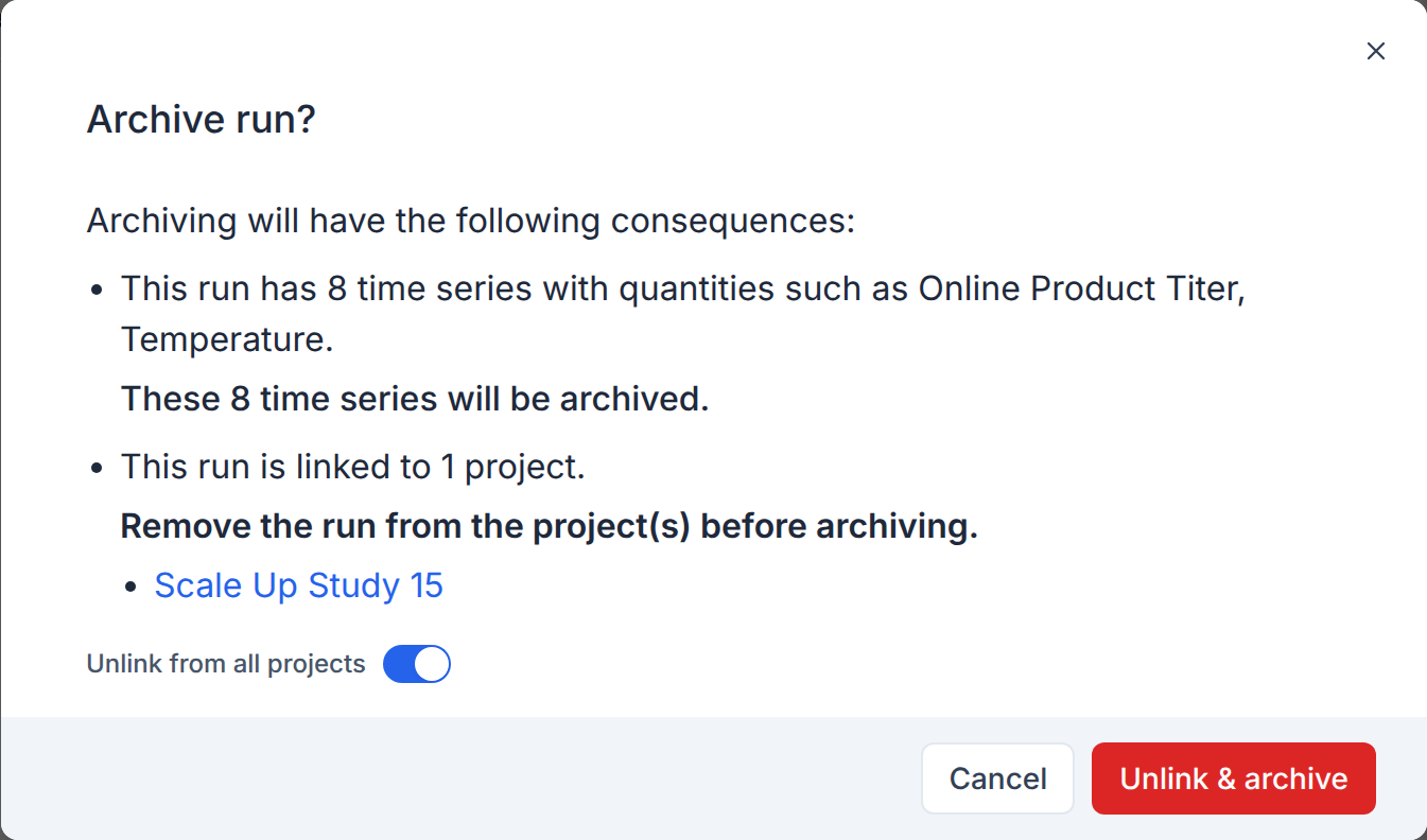 Archive run dialog listing the linked project, with the Unlink from all projects switch turned on and the Unlink & archive button