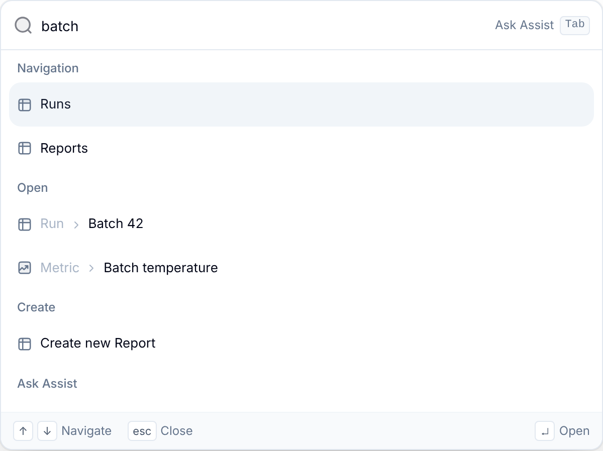 Command palette showing search results for a query, with navigation, matching runs and metrics, and an Ask Assist option