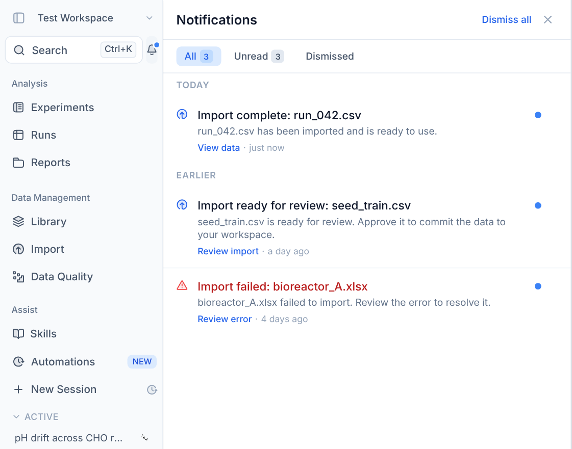 Invert notification center open in the left sidebar, showing import notifications grouped by day with unread indicators, each with a title, description and action link