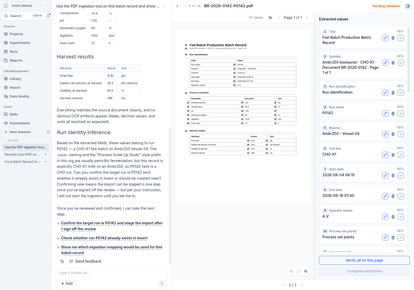 Assist PDF extraction review with the source batch record on the left, markers on each extracted field, and a list of extracted values on the right with edit, delete and verify controls