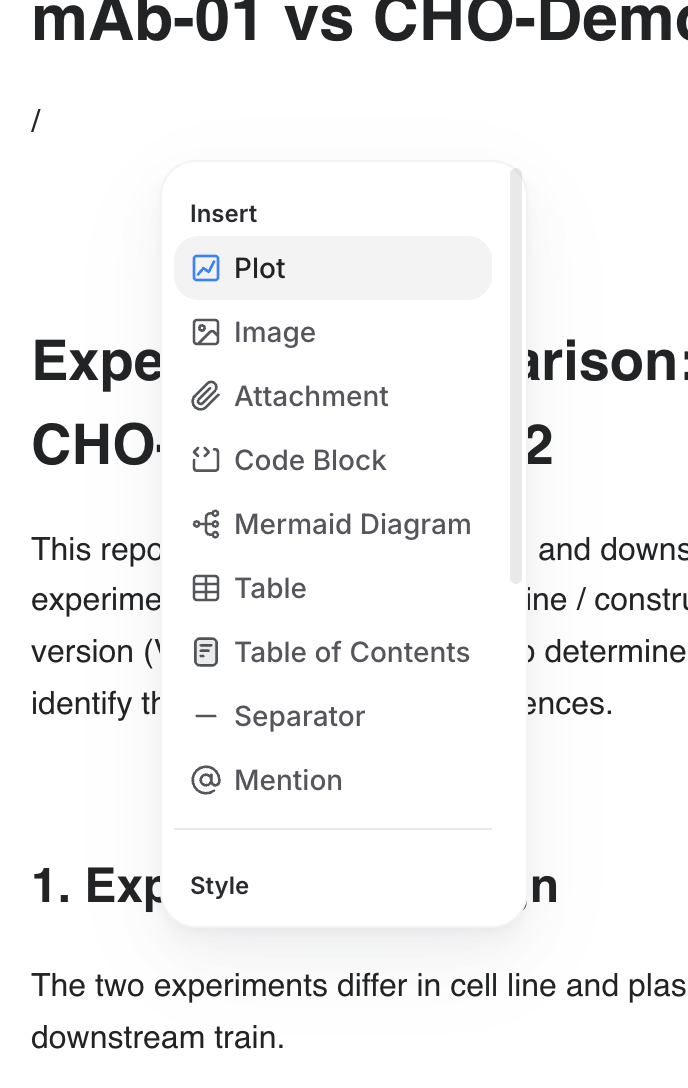 Report insert menu